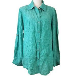 COLDWATER CREEK Green 100% Linen Snap-Front Roll-Sleeve Shirt Women's 1X
